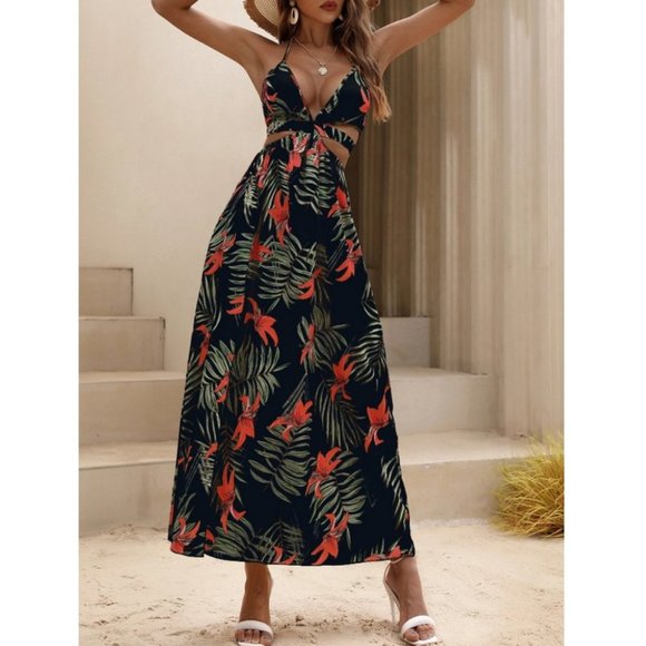 Black Tropical print Maxi dress with thigh slit - Picture 7 of 7